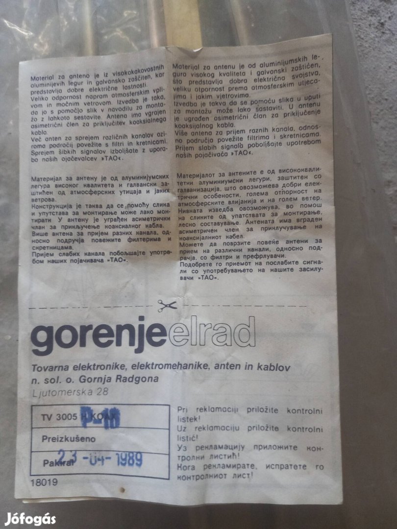 Gorenje eredeti tv antenna bontatlan új Ritkaság 1989