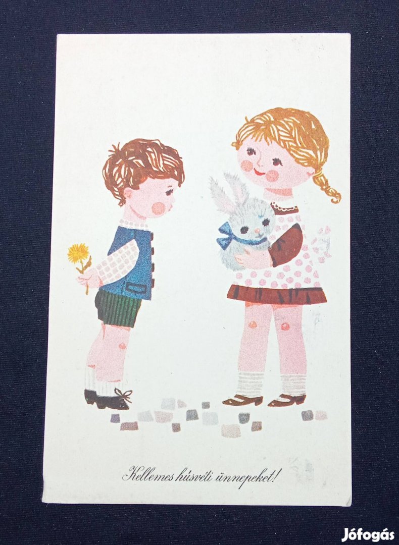 Grafikai képeslap kislány kisfiúval 1966