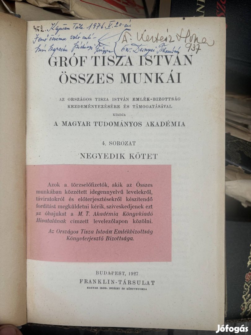 Gróf Tisza István Összes  1927 