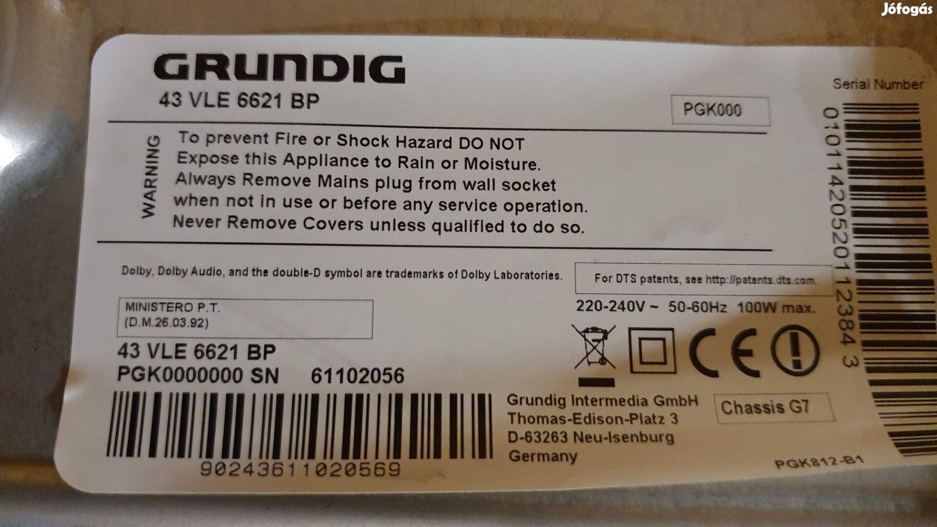 Grundig 43VLE6621BP smart LED LCD tv panelek alkatrésznek 6870C-0532A