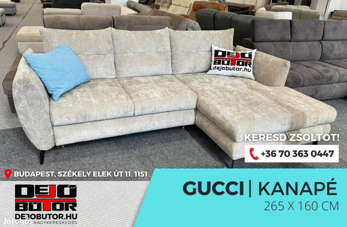 Gucci sarok íves bézs kanapé rugós ülőgarnitúra 265x160 cm ágyazható