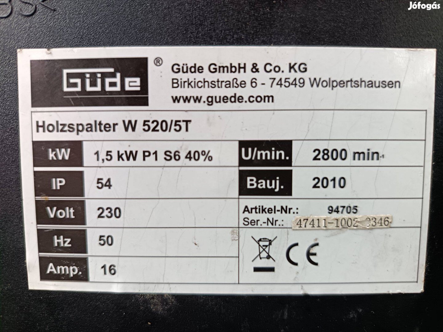 Güde W 520/ 5t teljesítményű elektro-hidraulikus rönkhasító