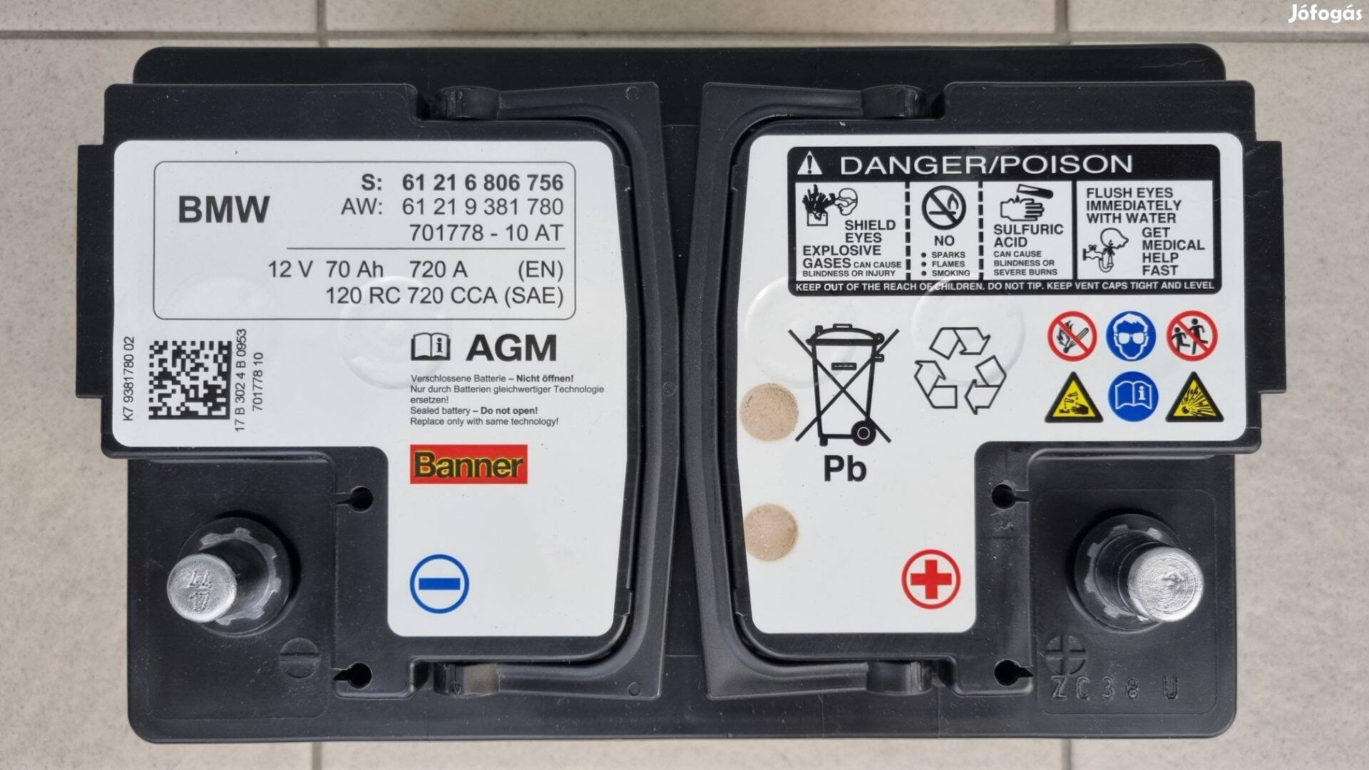 Gyári BMW 70AH 720A AGM Autó Akkumulátor 61216806756 61219381780