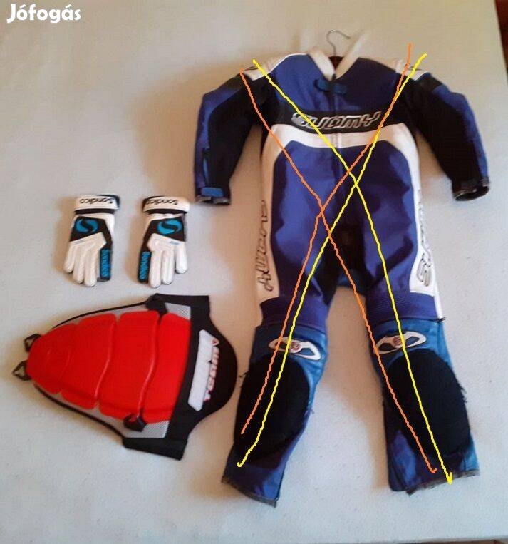 Gyerek méret Dainese gerincvédő, kis kesztyű. Felnőt bőr ruha