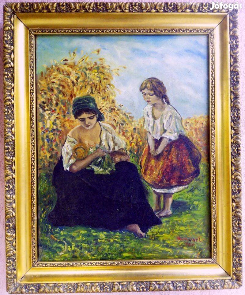Gyermekét szoptató anya impresszionista stílusú olaj-vászon festmény