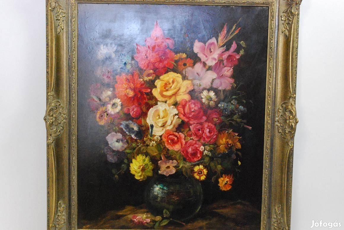 Gyönyörű Antik Virág Csendélet Olajfestmény, Szignált Eredeti Festmény