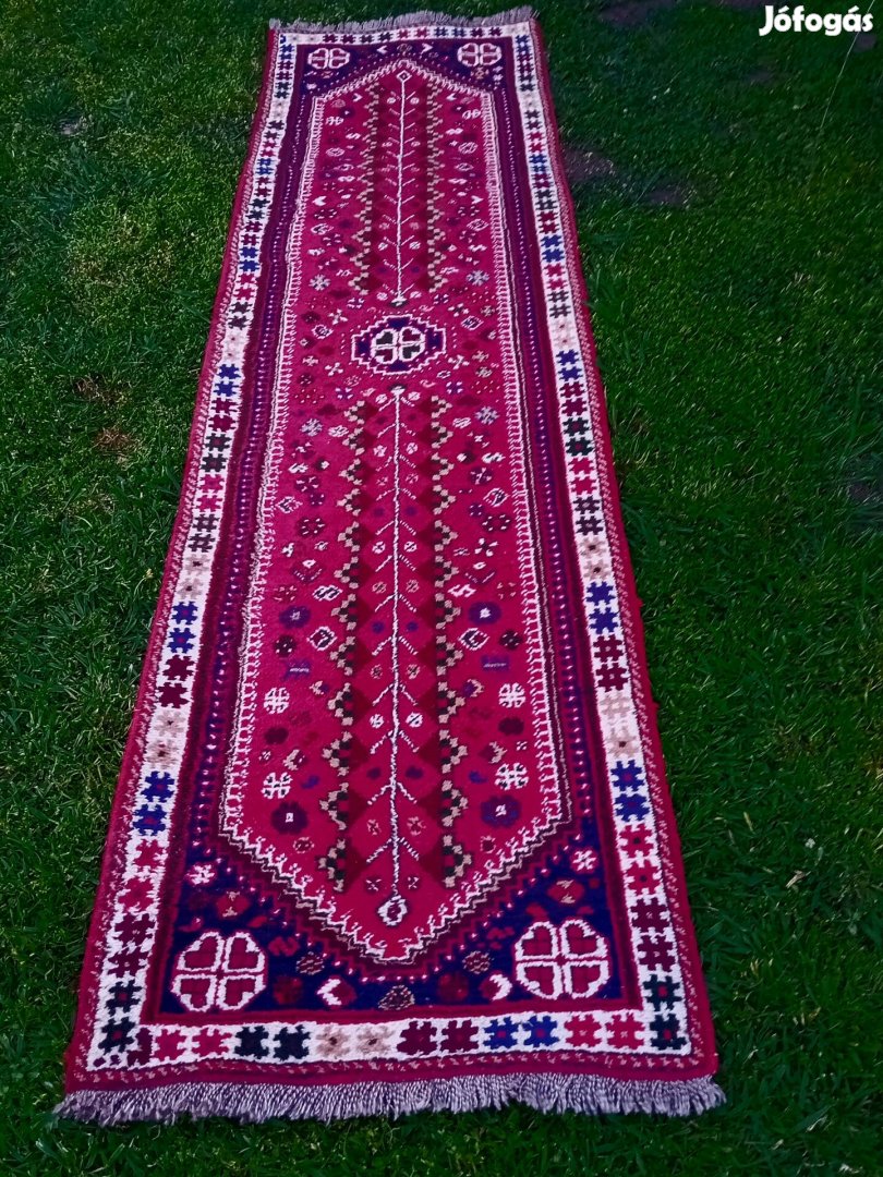 Gyönyörű Iráni Shiraz 100% gyapjú kézi csomózású szőnyeg 292×75