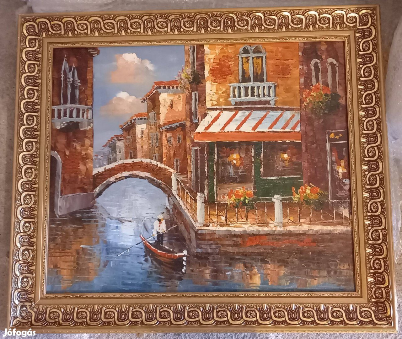 Gyönyörű Velence tájkép, életkép hangulatos festmény, arany keret