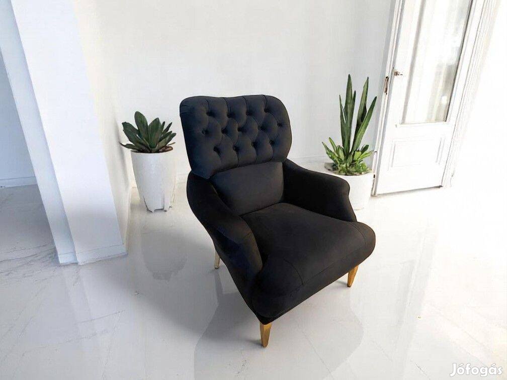 Gyönyörű design fekete bársony prémium fotel, kiváló állapotban