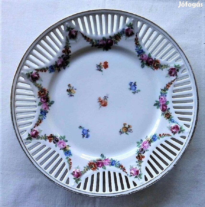 Gyönyörű régi Bavaria virággirlandos áttört porcelán dísztál/falitál