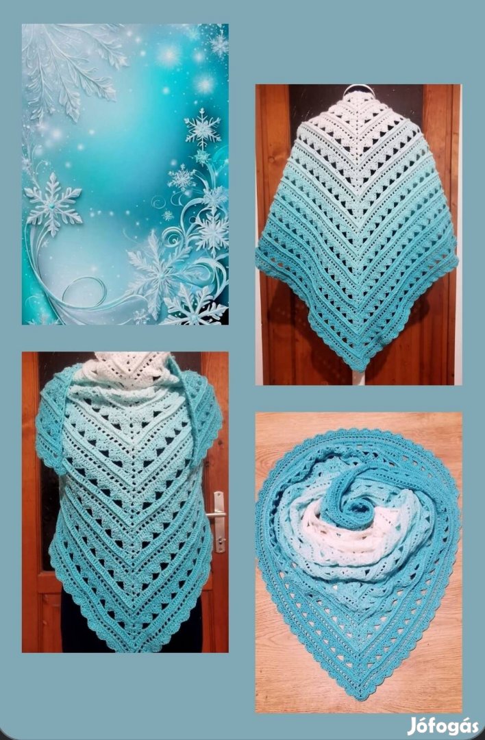 Gyönyörű türkiz színű, egyedi, kézzel horgolt vállkendő.