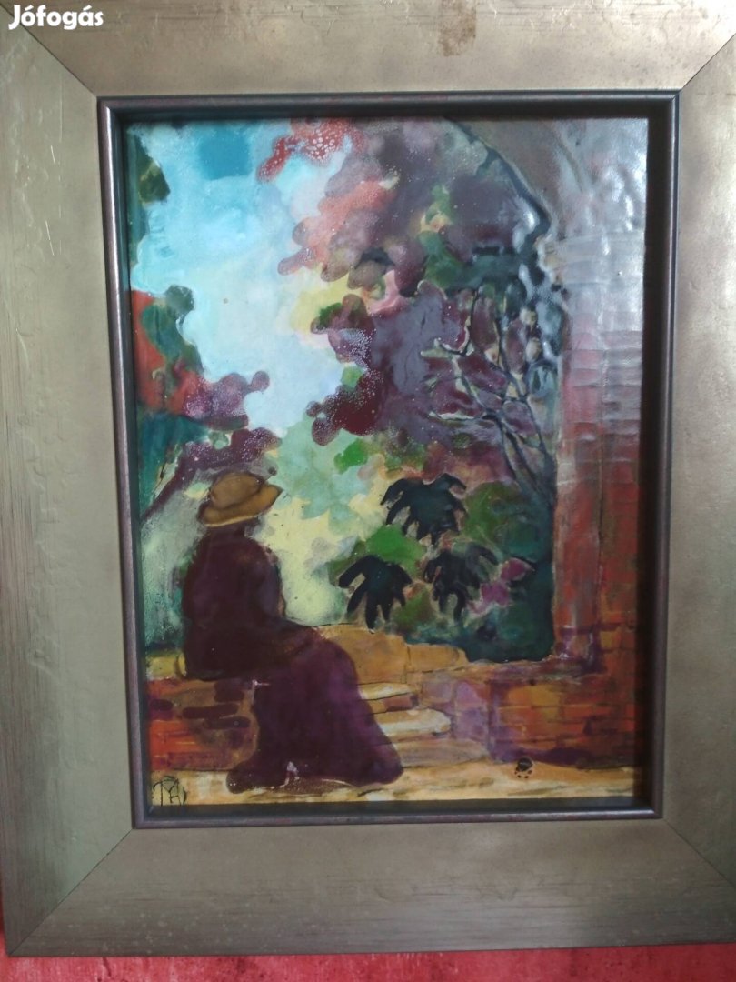 Gyönyötű Tűzzománc Fehér Margit 15x20+ keret Bp.IV.