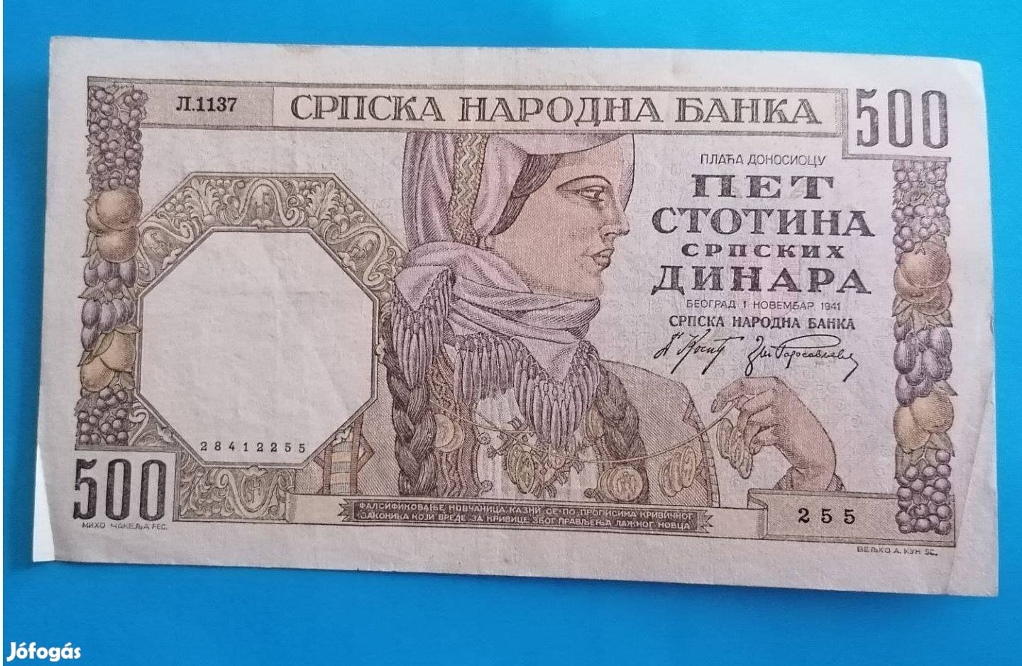 Gyűjtőknek hajtatlan 1941-es Szerbia 500 Dinár papírpénz eladó