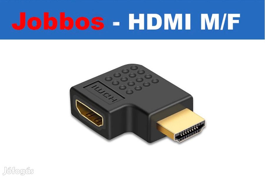 HDMI könyök adapter, HDMI dugó - HDMI aljzat 90°, aranyozott, fekete,