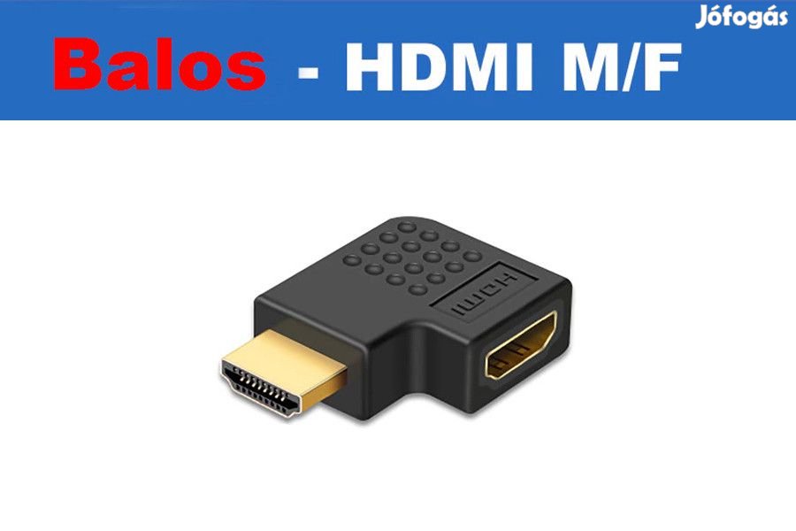 HDMI könyök adapter, HDMI dugó - HDMI aljzat 90°, aranyozott, fekete,