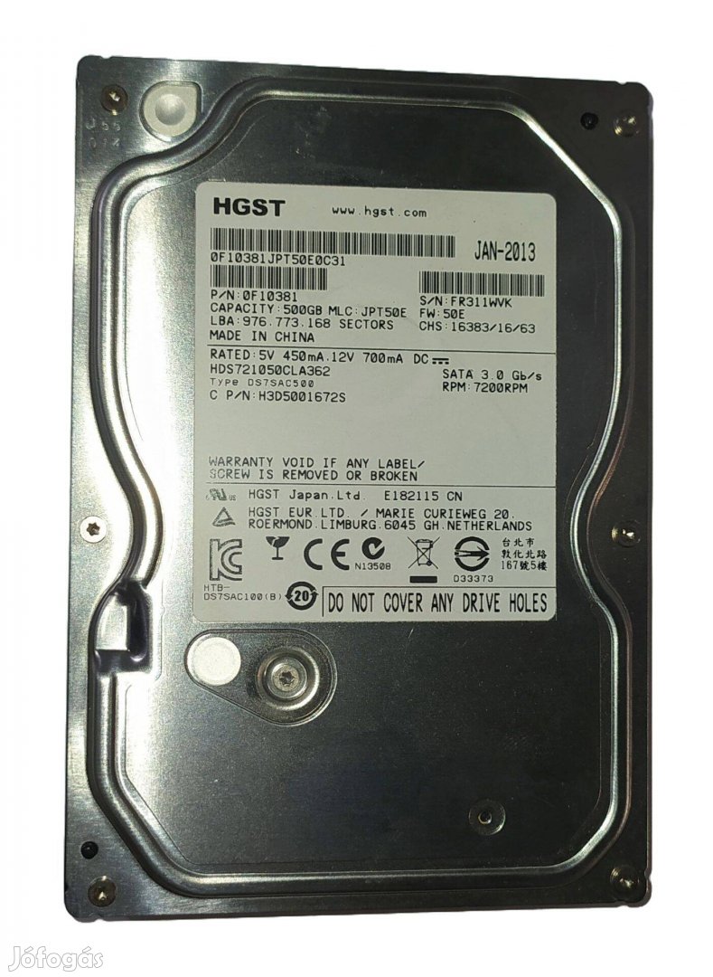 HGST 500GB HDD merevlemez SATA 3.5" 100/100 #1Wvk
