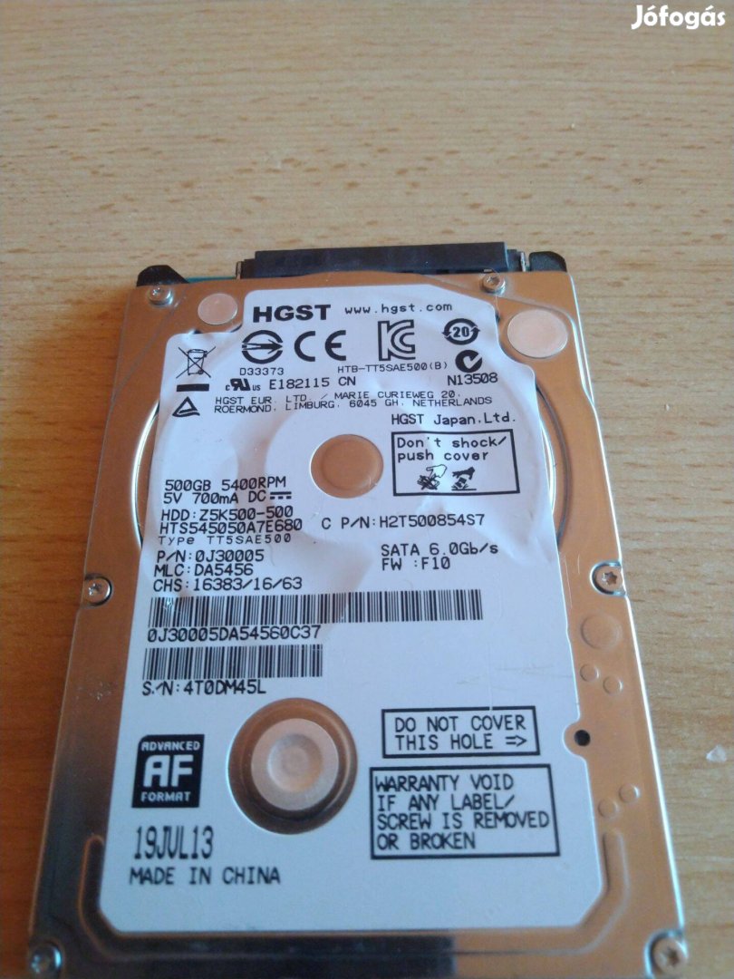 HGST Notebook HDD 500GB tárhely kapacitással