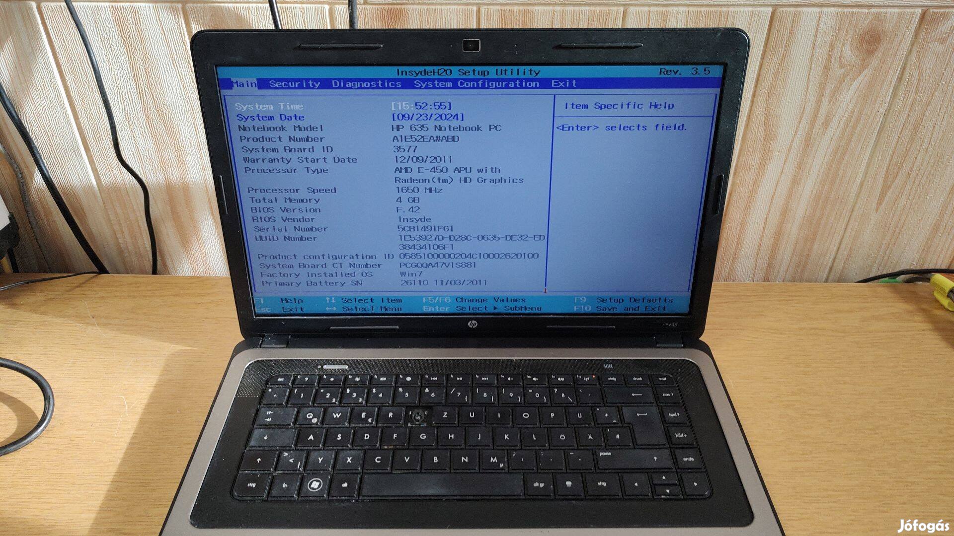 HP 635 AMD E-450/4GB laptop alkatrésznek,felújításra