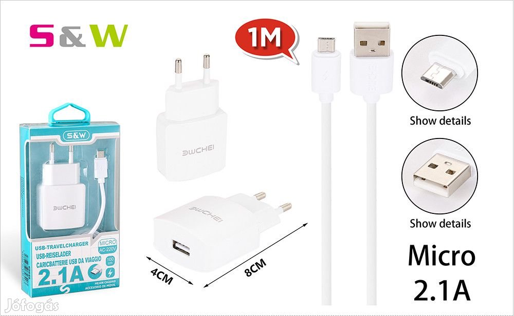 Hálózati töltő adapter 1db USB csatlakozóval + 1m-es USB - MICRO USB