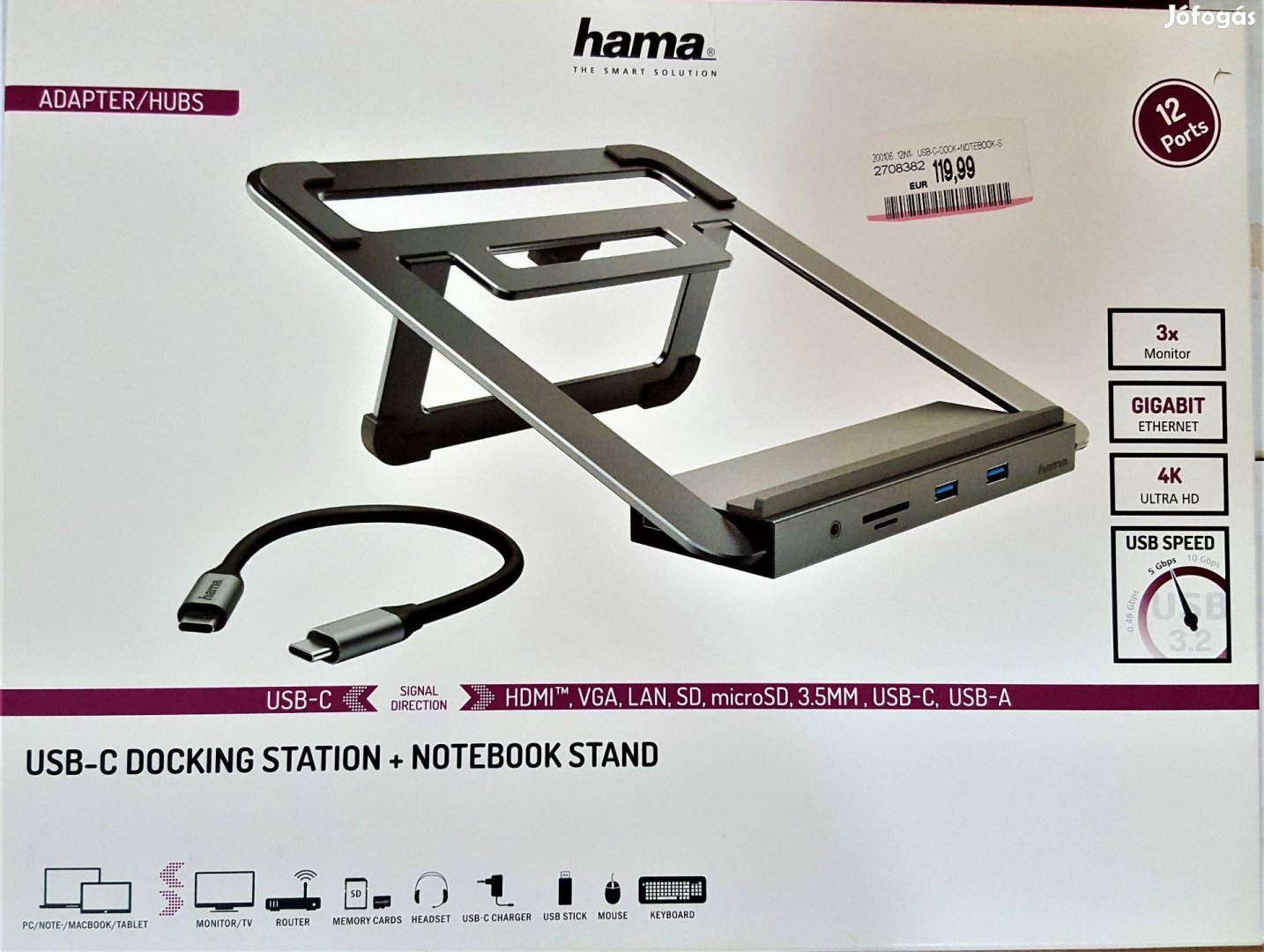Hama 12 In1 dokkoló + notebook tartó - USB-C 3.2 Gen 1 - VGA, HDMI G
