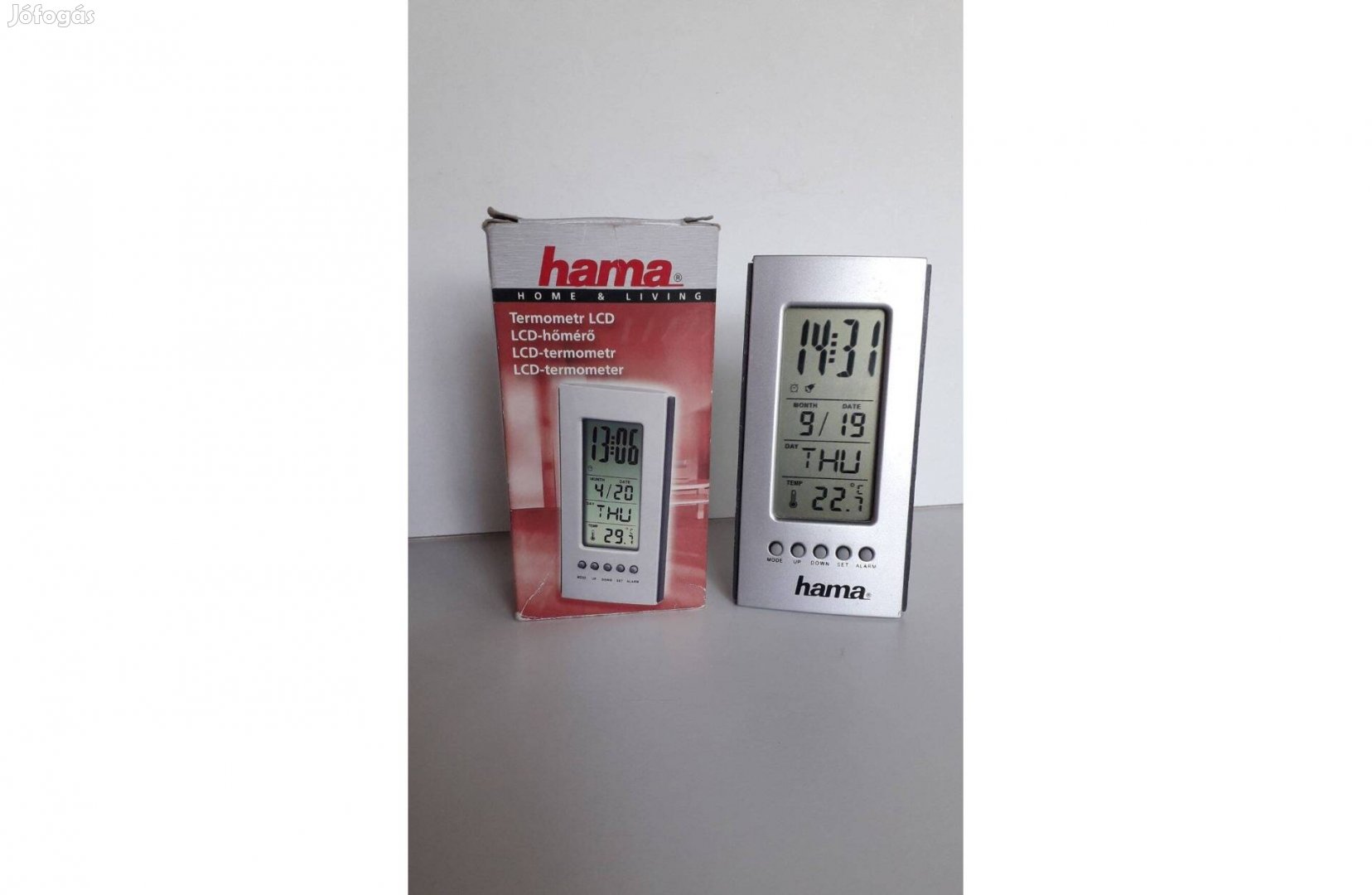 Hama LCD digitális hőmérő óra dátum ébresztő, asztali, elemes
