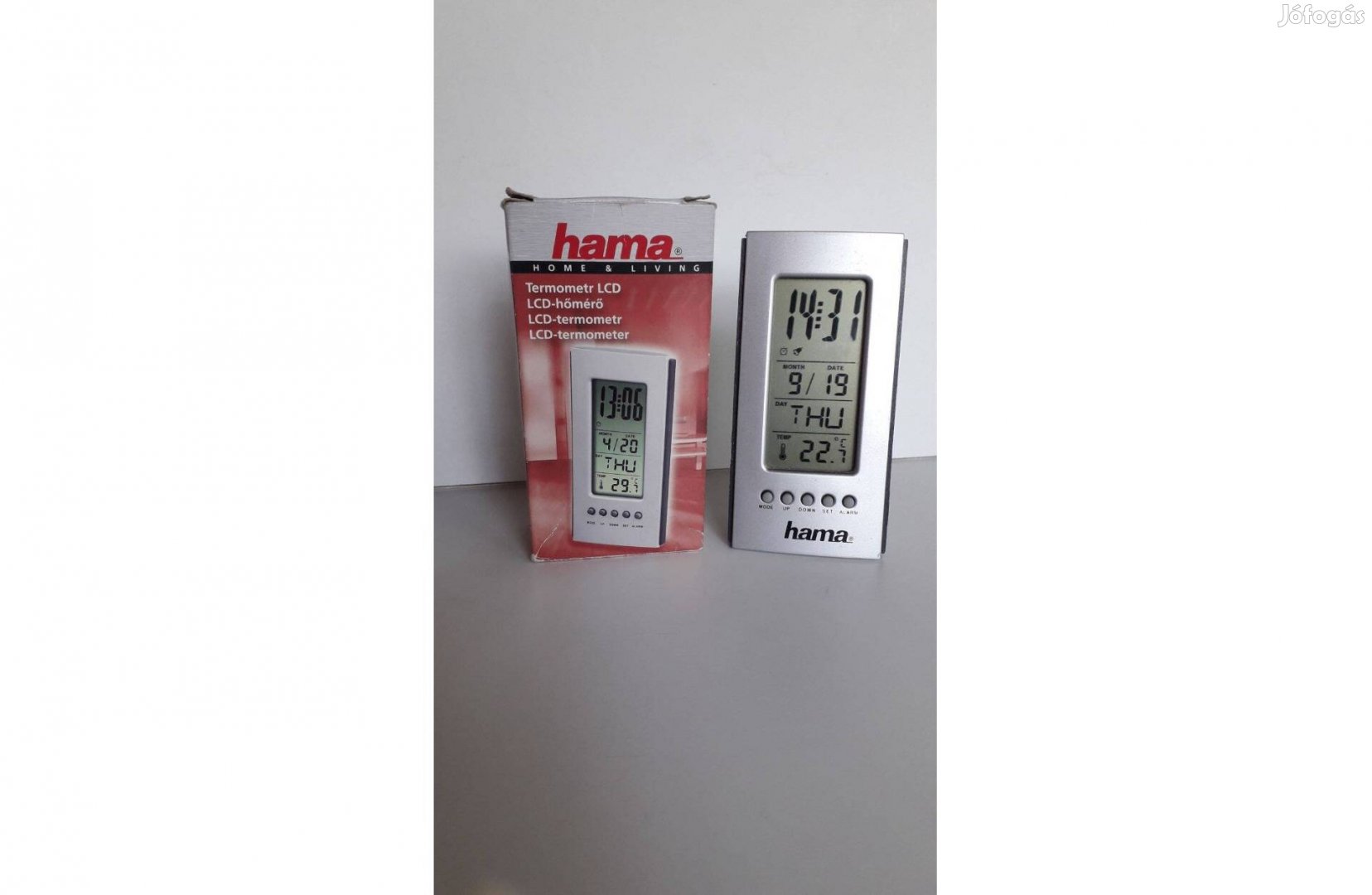 Hama LCD digitális hőmérő óra dátum ébresztő, asztali, elemes_