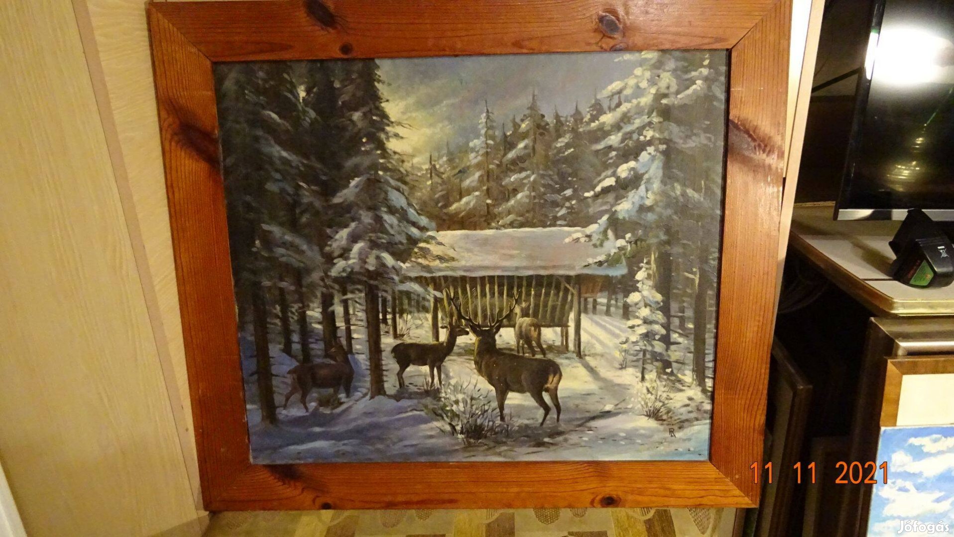 Hangulatos olaj-vászon festmény téli erdő " szarvasok az etetőnél "