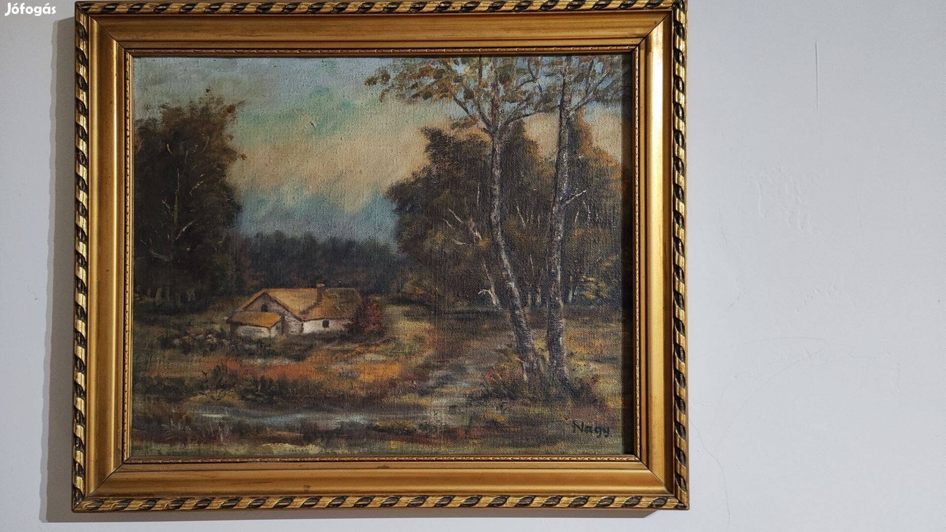 Hangulatos vidéki tájkép házikóval Olajfestmény