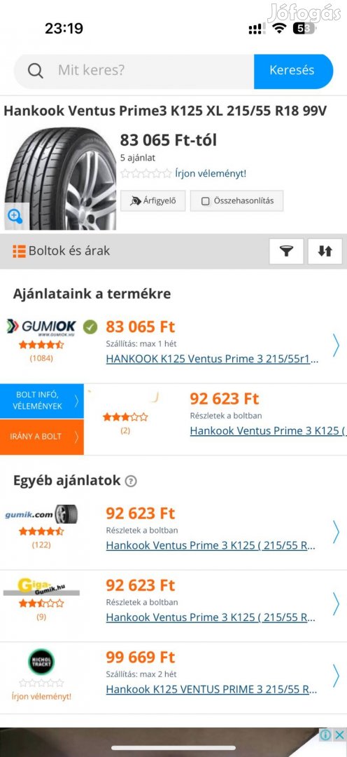 Hankook nyári 2 db új gumi eladó