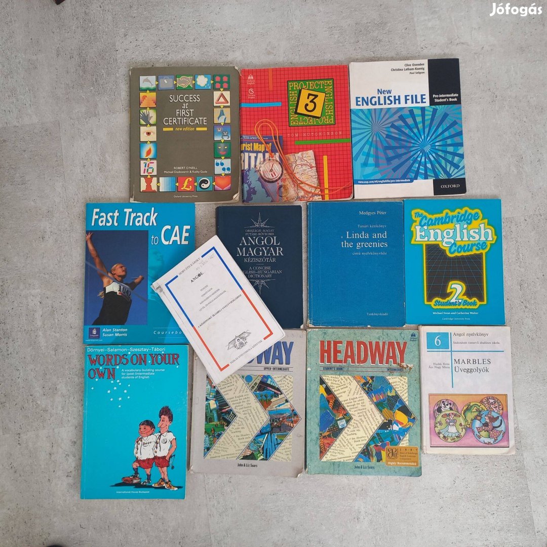Használt angol tankönyvek, munkafüzetek, szótár egyben eladó
