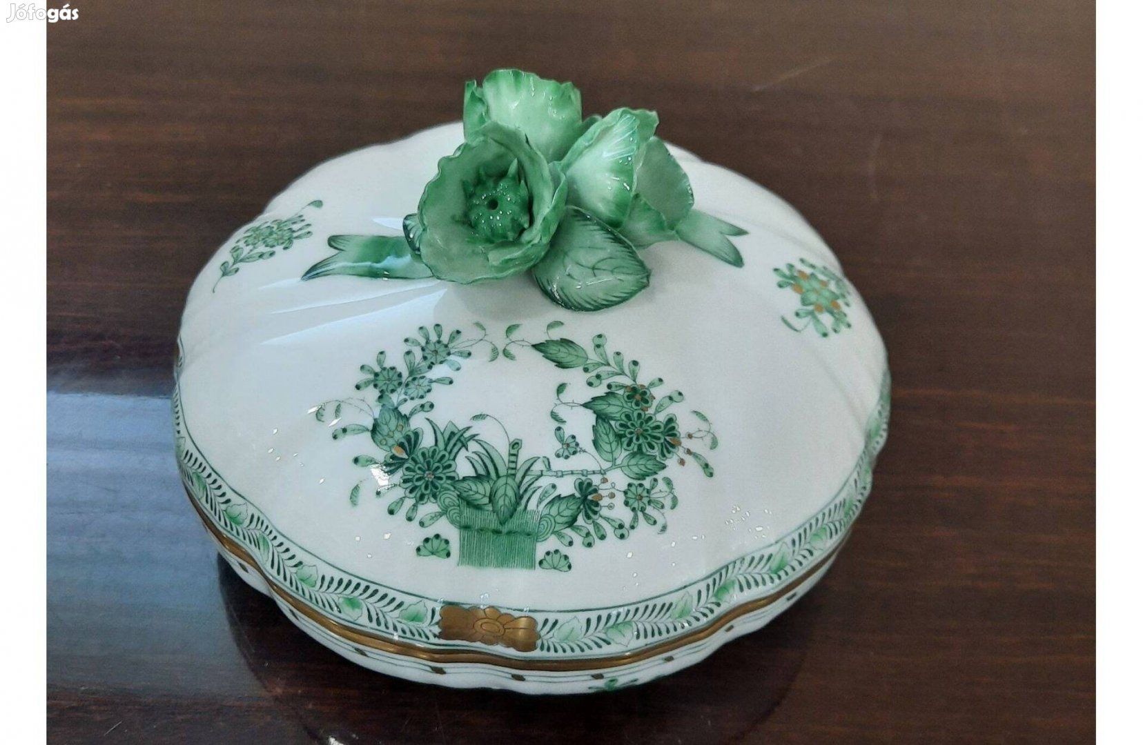 Hatalmas Herendi zöld Indiai kosármintás porcelán bonbonier eladó!