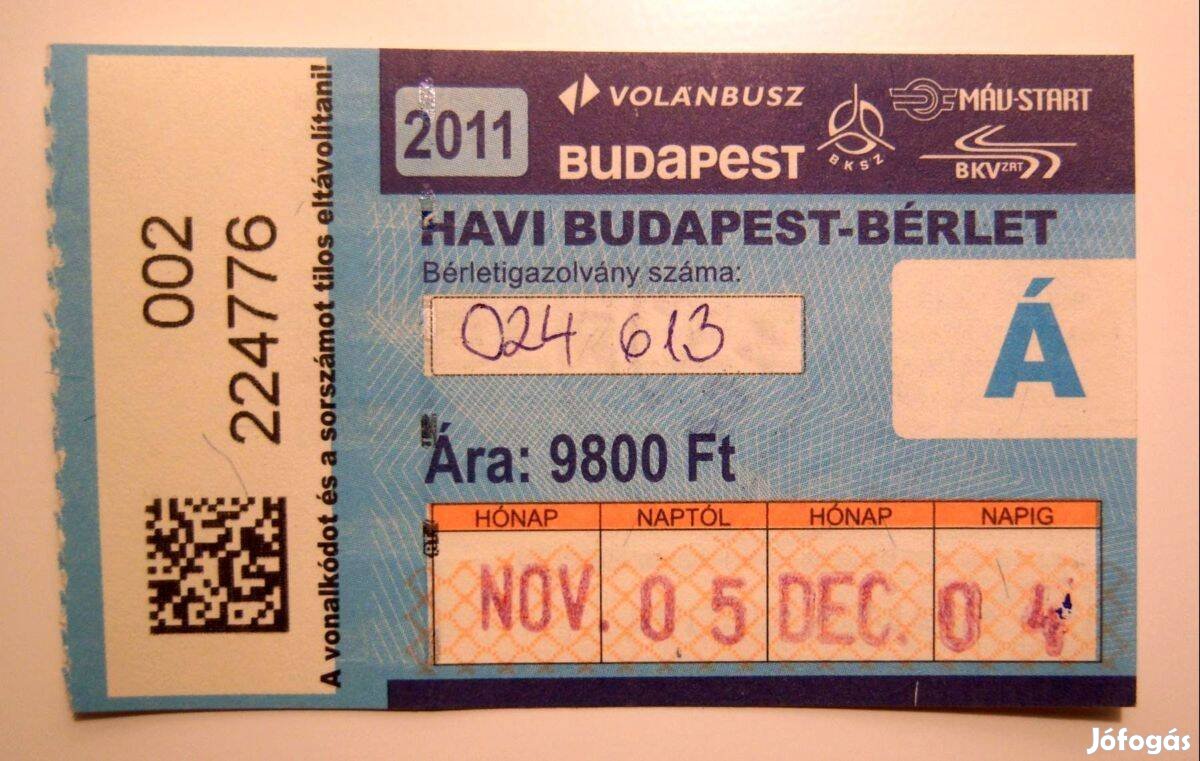 Havi Budapest Bérlet Felnőtt 2011 November (2képpel)