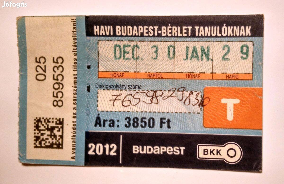 Havi Budapest-Bérlet Tanulóknak 2012 December 2képpel