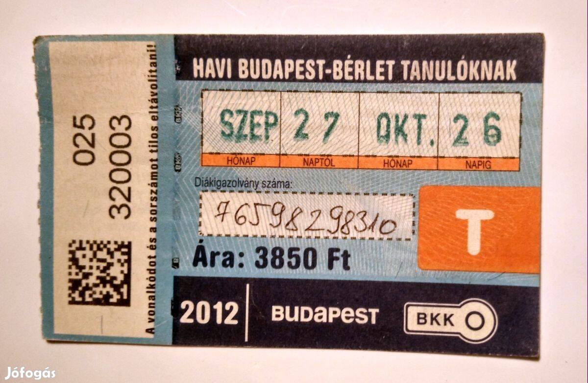 Havi Budapest-Bérlet Tanulóknak 2012 Szeptember 2képpel