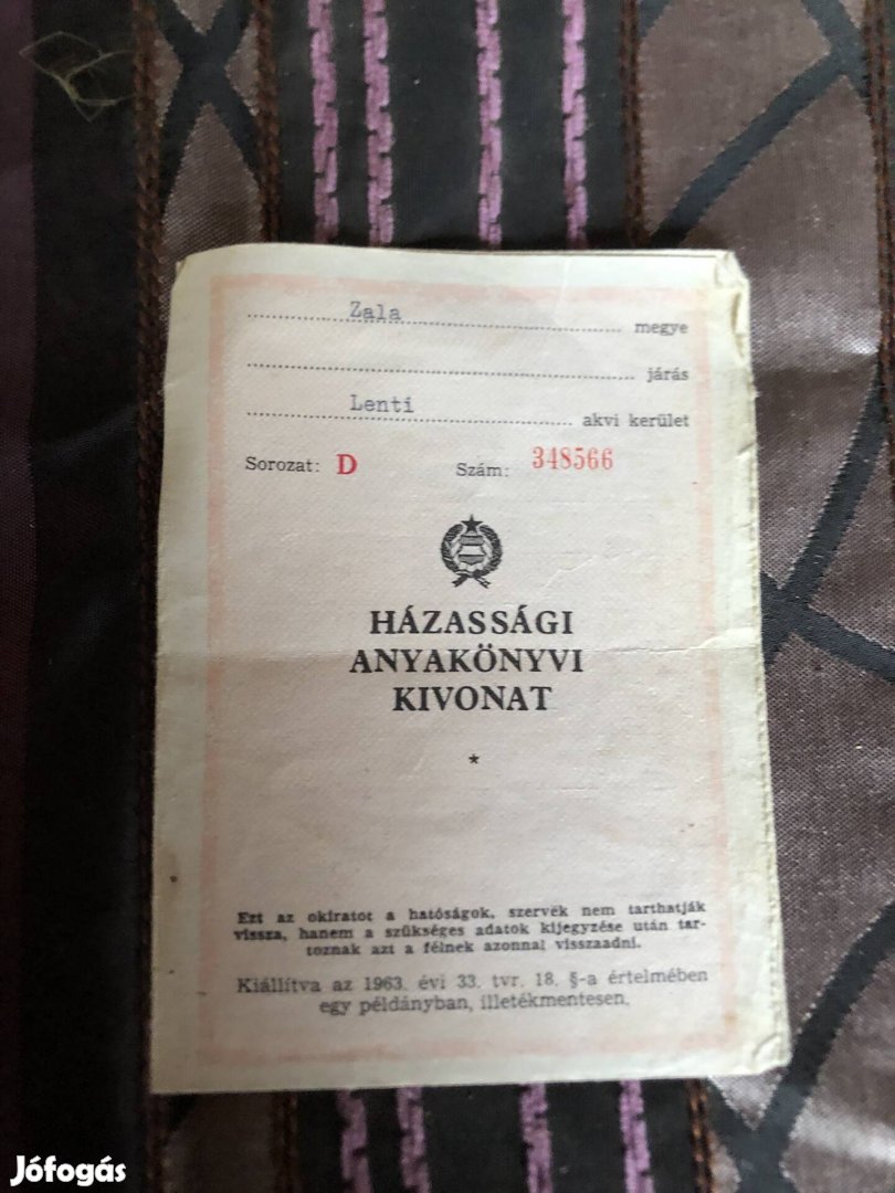 Házassági anyakönyvi kivonat 1980-ból 1000 Ft 