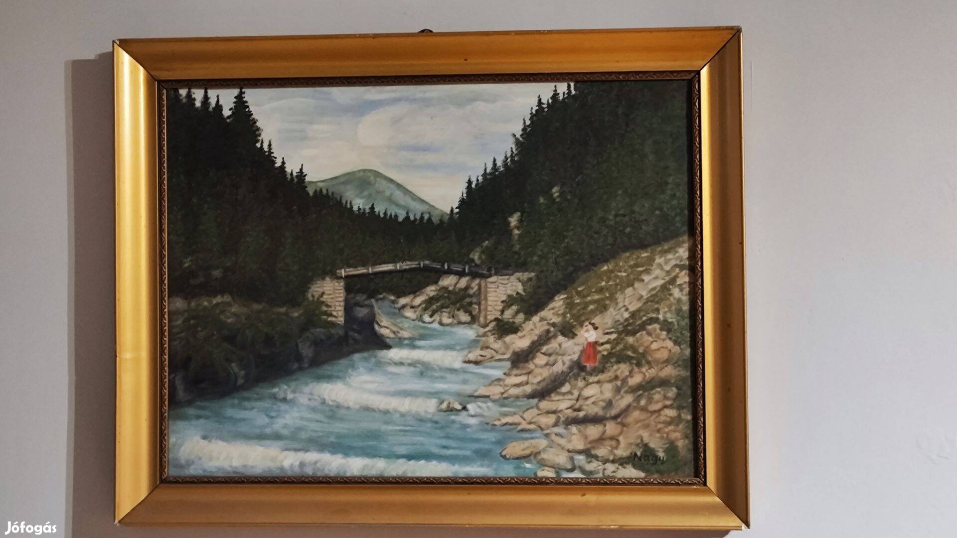 Hegyi folyó híddal Hangulatos, jelzett olajfestmény