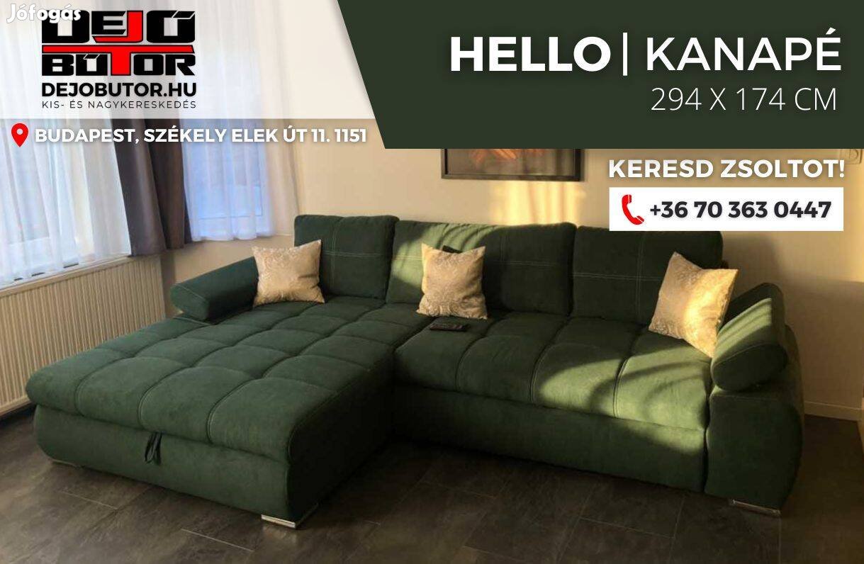 Hello rugós zöld sarok kanapé ülőgarnitúra 294x174 cm ágyazható