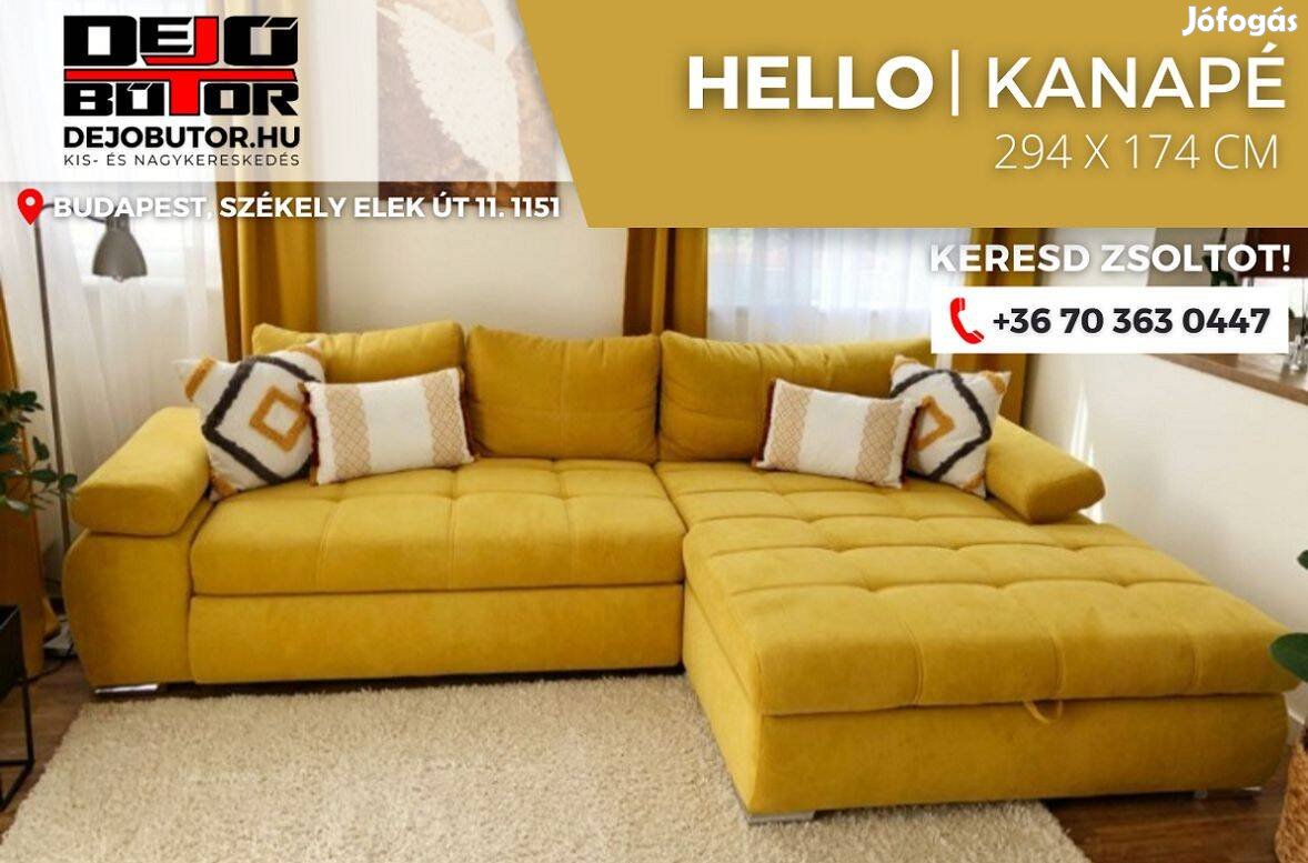 Hello sárga rugós sarok kanapé ülőgarnitúra 294x174cm ágyazható ágynem
