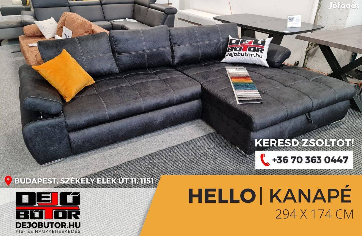 Hello sarok fekete kanapé ülőgarnitúra 294x174 cm ágyazható bútor