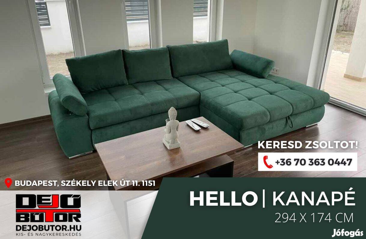 Hello sarok kanapé ülőgarnitúra 174x294 cm ágyazható zöld ágyneműtartó