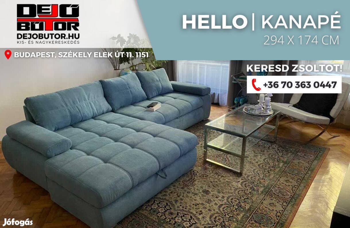 Hello sarok prémium kanapé ülőgarnitúra 294x174 cm rugós ice blou