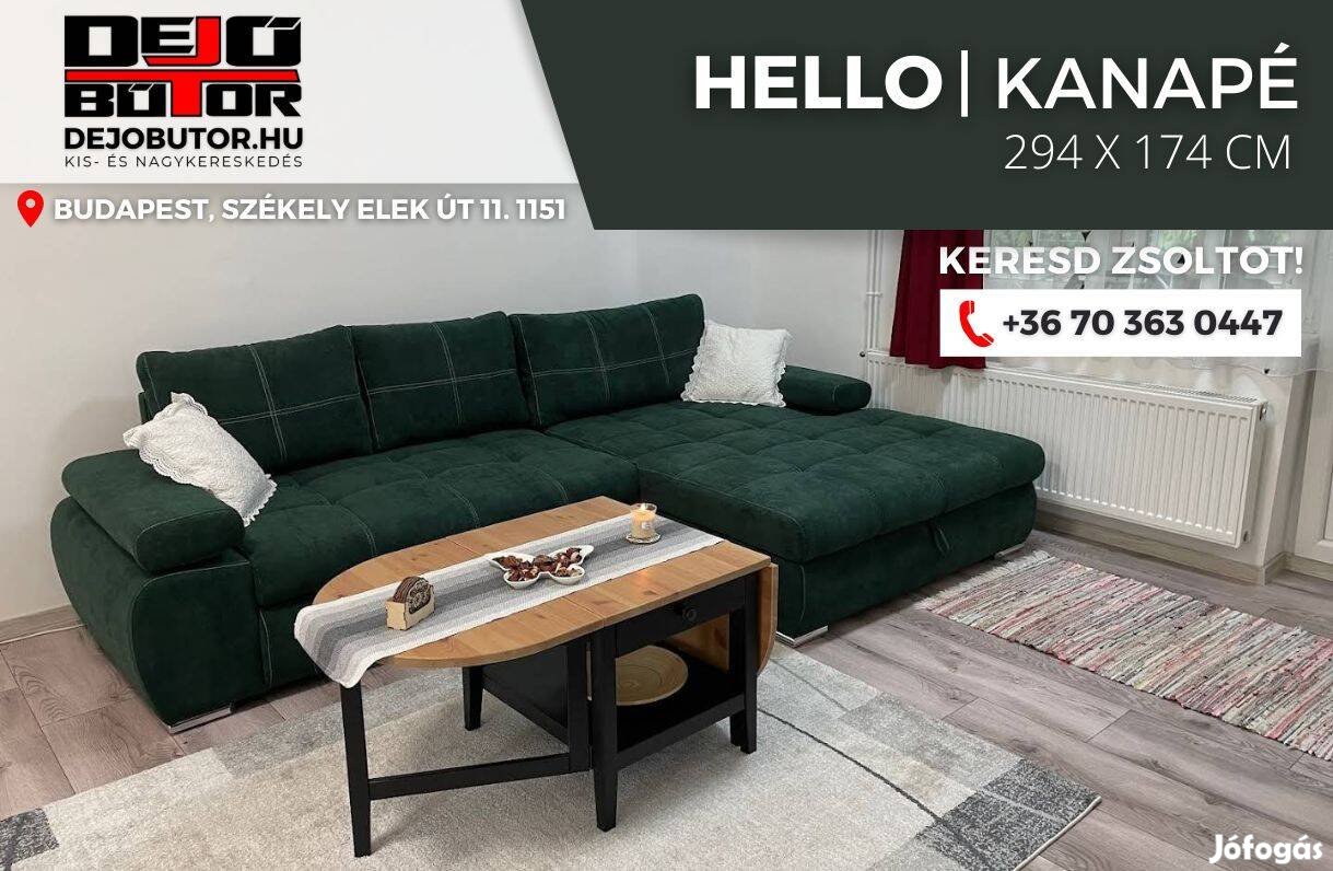 Hello sarok prémium kanapé ülőgarnitúra 294x174 cm rugós paros zöld