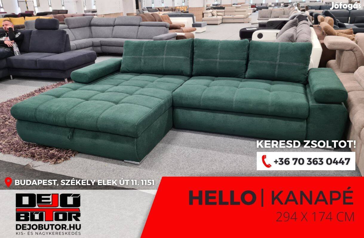 Hello sarok zöld kanapé ülőgarnitúra 294x174 cm rugós ágyazható bútor