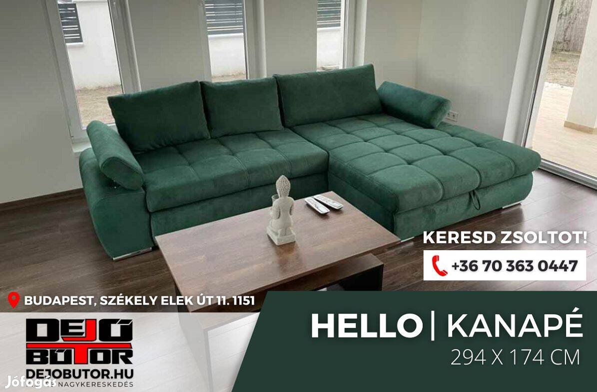 Hello zöld rugós sarok kanapé ülőgarnitúra 294x174 cm ágyazható