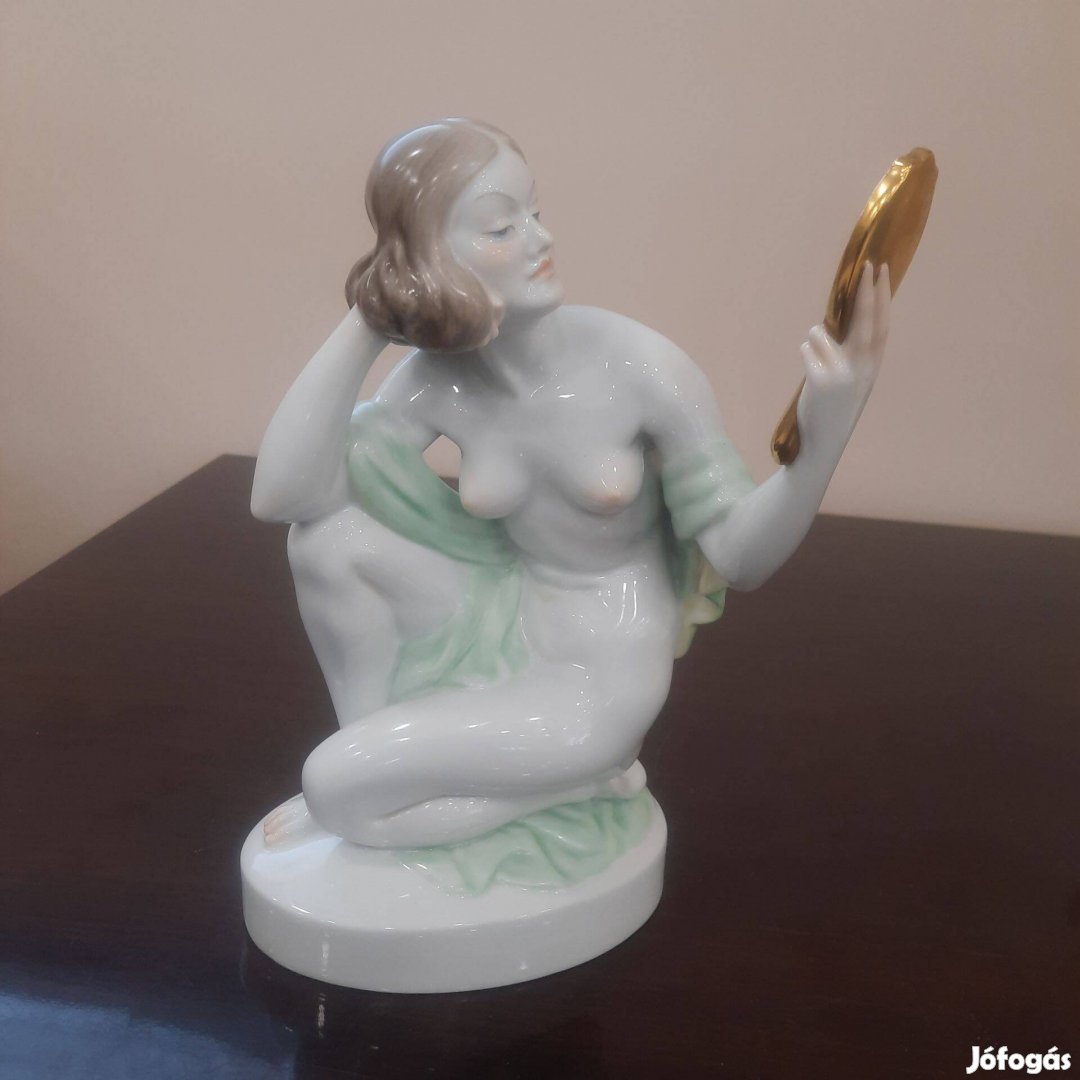 Herendi Tükrös nő, tükröt tartó női akt porcelán figura