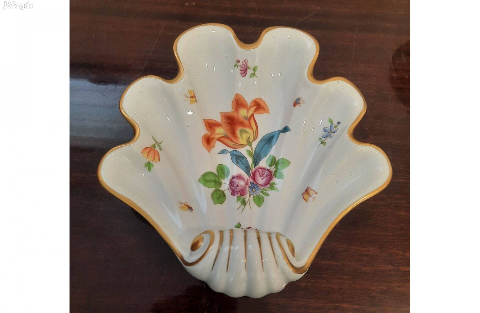 Herendi Tulipán virágmintás porcelán kagyló kínáló tál