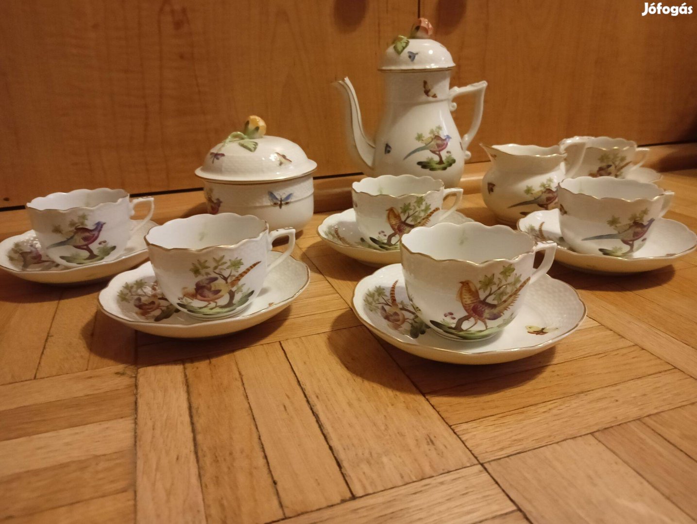 Herendi, jelzett fácán mintás hibátlan porcelán mokkáskészlet 6 részes