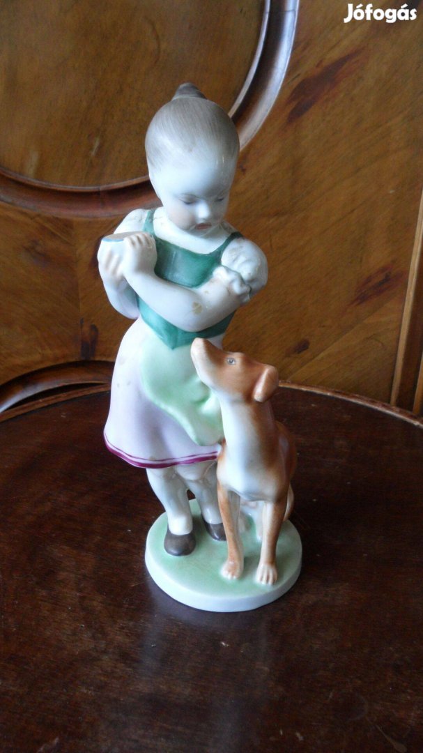 Herendi antik szép porcelán, színes "kutyás lány" 2 figurás kompozíció