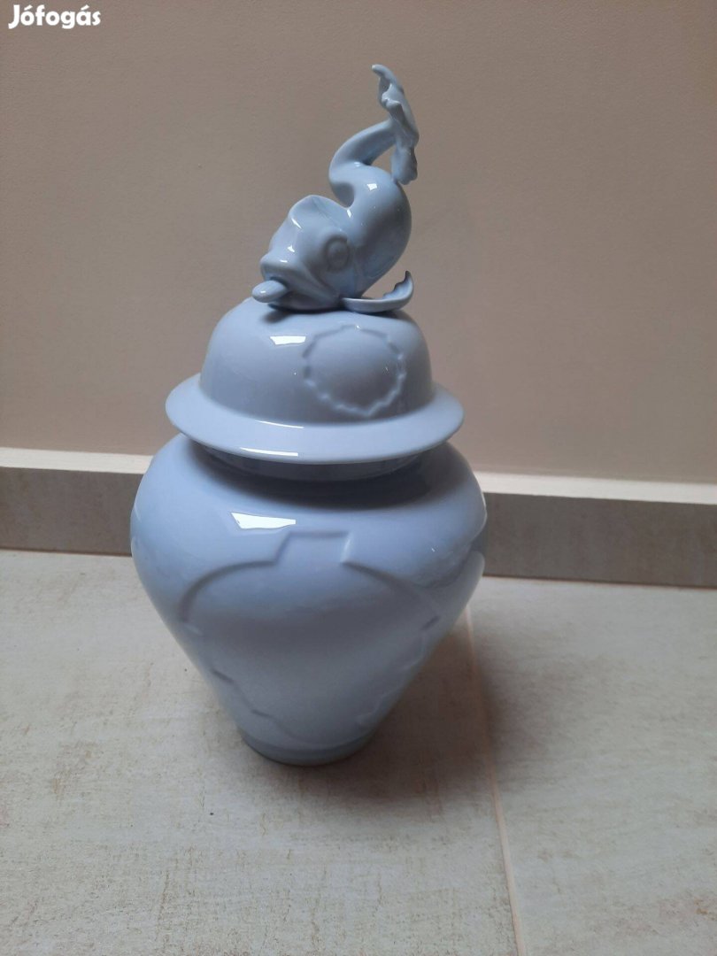 Herendi kék mázas Delfin fogós fedeles porcelán váza