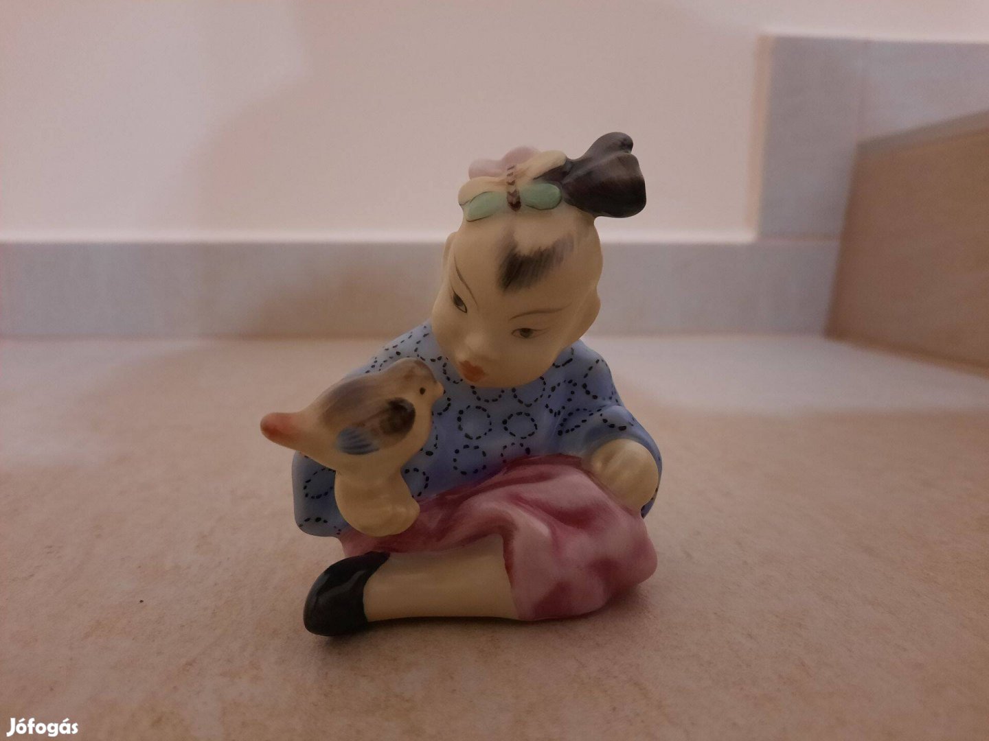 Herendi porcelán madarat tartó kínai kislány, madaras lány figura